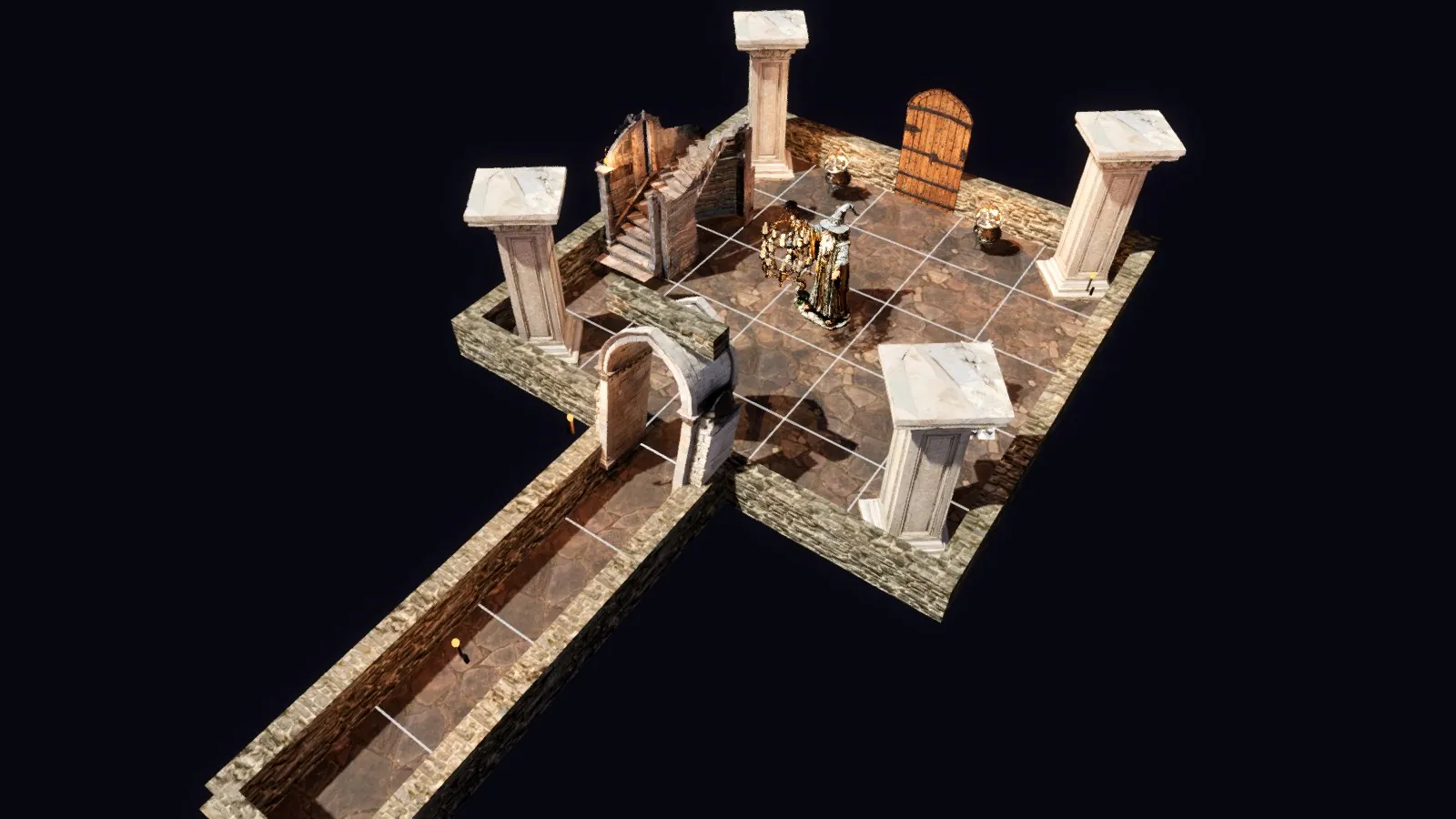 The builder's view from above: a square stone hall with a pillar at each corner and its floor marked out in a grid of squares, joined by an archway to a long corridor.